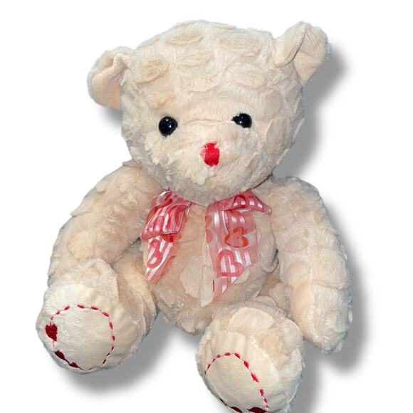 Goffa Teddy Bear Plush 11" Heart Bow Ribbon Embroidered Textured Nursery Toy - Picture 7 of 10